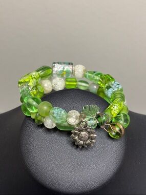 Green Glass Millefiori Dichroic Beaded Sunflower Charm Bracelet Wire Wrap 70’s